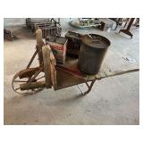 Wooden Wheelbarrow + Oil Cans