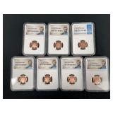 7 Coin Set of First Release 1 Cent Lincoln Pennies, NGC Graded PF70 Ultra Cameo