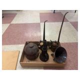 (3) Oil Cans, (1) Oil Lamp, and (1) Funnel