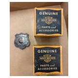 Indian Security Badge, Harley Davidson NOS Piston, and parts box