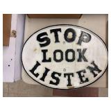 Stop Look Listen Cast Iron Sign