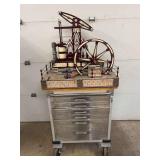Model Steam Engine And Rolling 6 Drawer Cart