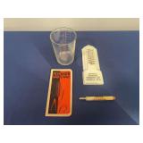 (4) Thermometer, Measuring Cup, Bullet Pencil, Notebook