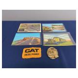 (6) Caterpillar Postcards, Patch, Watch Fob