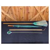 (4) John Deere Yardstick, Umbrella, Reflector, Broom
