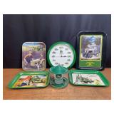 (6) John Deere Trays, Clock, Bird Feeder