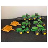 (9) 1/64 John Deere Tractors, Scrapers, Rail Car