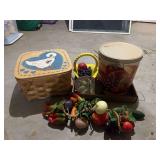 Basket, fake fruit and canister