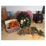 Wreaths, 2 Wreath storage containers, and floral decor