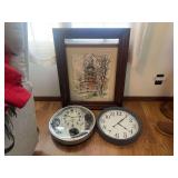 Wall mounted clocks and framed picture