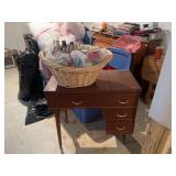 Sewing Table and Basket of yarn, thread and misc items