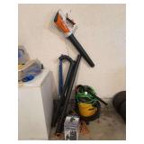 Shop-Vac, Sump Pump, Stihl leaf blower,extension cords and misc items