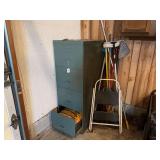 Metal filing cabinet with all contents inside, lot of cleaning tools and step stool
