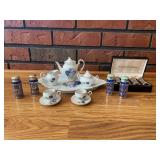 Mini Floral Tea Set, Blue and Silver salt and pepper shakers