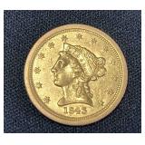 1843-O United States Liberty Head Quarter Eagle $2.50 Gold Coin