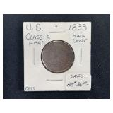 1833 Half Cent Classic Head Coin