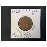 1865 Two Cent Piece Coin