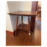 Wood Side Table with Spool Legs and Lower Shelf