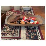 Wooden Dough Bowl with Contents Including Shoe Form and Sock Darners
