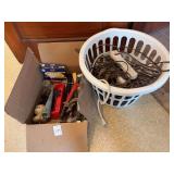 Box Lot with Tools, Lighting, Glassware, and Power Strip
