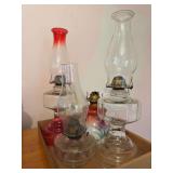 Oil Lamp Assortment with Red Glass Accents and Painted Floral Detail, Group of 4