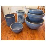 Blue Pottery Collection: Pitcher, Bowls, and Crock