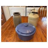 Three Stoneware Vessels: Lidded Bean Pot, Cream Can, and Lidded Casserole