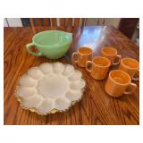 Fire-King Jadeite Bowl, Milk Glass Egg Plate, and Fire-King Peach Lustre Mugs