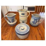 Blue Decorated Stoneware Butter Crock and Pitchers (4 Pieces)