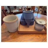 Stoneware Lot Including Three Stone Sconses, Crock, and Stoneware Jar