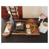 Assorted Decorative Objects Including Lamp, Wall Decor, and Picture Frames