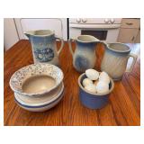 Lot of Four Salt-Glazed Stoneware Pitchers and One Bowl