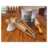 Western Stoneware Crock with Utensils, Kitchenalia Lot