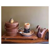 Assorted Decorative Items Including Carved Wood Figurines, A Decorative Candle Lamp, Sewing Supplies, and a Miniature Wooden Door