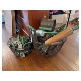 Assorted Kitchen Utensils with Green Accents in Wire Baskets