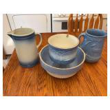 Blue Stoneware Pitchers and Bowls (4-Piece Set)