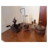 Assorted Primitive Household Items Including Butter Molds, Mayonnaise Maker, and Coffee Grinder