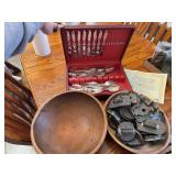 Wooden Bowl Lot with Silverplate Cutlery Set and Vintage Metal Cookie Cutters
