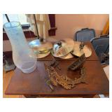 Assorted Lamp Parts: Shade, Cast Iron Mount, and Reservoirs