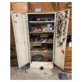 Metal Cabinet with Assorted Headwear and Gloves