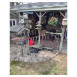 Wagon wheel push lawnmower and birdhouses