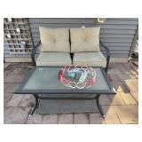 54 inch wide loveseat, patio bench, and glass table