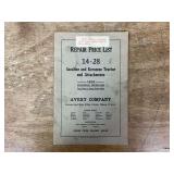 1919 Avery 14-28 Tractor Repair Price List