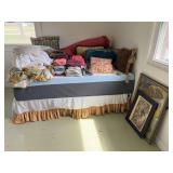 Full Bed w/ Bedding, Small Table, and Frames