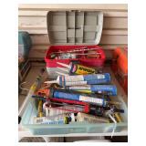 Toolbox with Misc Tools and Tub of Caulking & Adhesive