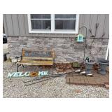 Bench, Wine Bottle Tree, & Misc Outdoor Decor