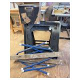 (2) Plastic Sawhorses, (2) Metal Saw Horses, Box of Hats