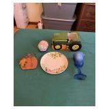Assorted Decorative Items Including John Deere Tractor Figurine, Plate, and Glass
