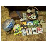 Basket with Assorted Plush Toys, CDs, DVDs, and Frames