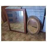 Pair of Mirrors: Wood Framed Square Mirror & Wicker Framed Oval Mirror